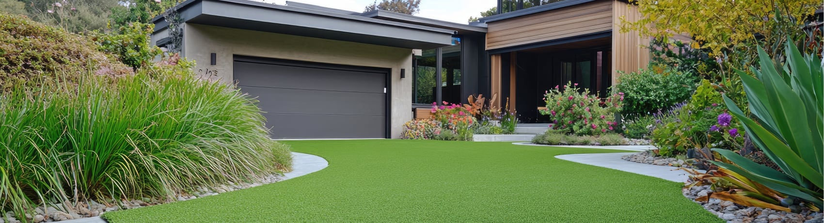Modern house with a synthetic turf lawn.