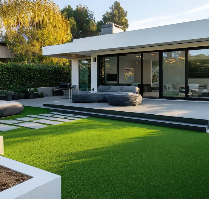 Modern house with a synthetic turf lawn.